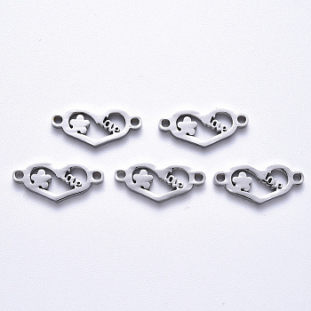 201 Stainless Steel Links Connectors, Laser Cut, Heart with Flower & Word Love, for Valentine's Day, Stainless Steel Color, 8.5x19.5x1.5mm, Hole: 1.6mm