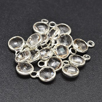 Glass Flat Round Charm, with Silver Color Plated Brass Findings, Faceted, Clear, 9x6x3mm, Hole: 2mm