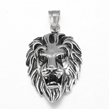 316 Surgical Stainless Steel Pendants, Lion Head, Antique Silver, 44x29x17mm, Hole: 5x8mm