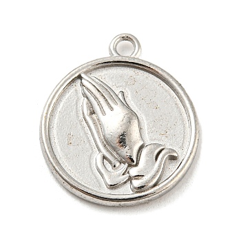 304 Stainless Steel Pendants, Flat Round with Praying Hands Charm, Stainless Steel Color, 18.5x16x2mm, Hole: 1.6mm