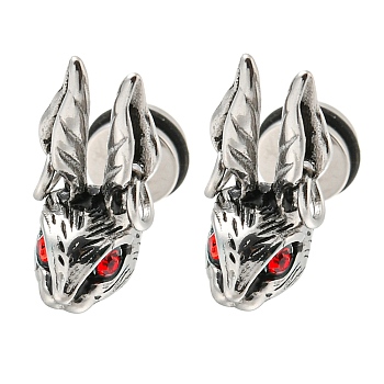 304 Stainless Steel with Rhinestone Stud Earrings, Rabbit, Antique Silver, 15x7mm