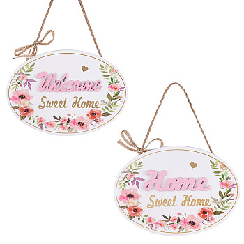 Crafans 2Pcs 2 Style MDF Wooden Hanging Plate Wall Decorations, with Hemp Cord, Oval with Word Home & Word Welcome, Flower Pattern, 250~255mm, Oval: 142x195x9.3mm, 1pc/style
