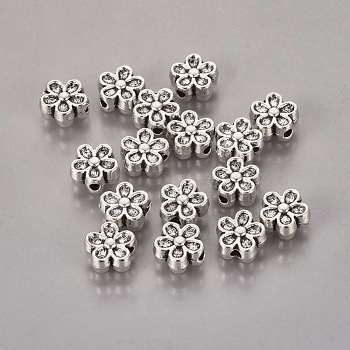 Tibetan Style Alloy Beads, Lead Free & Cadmium Free, Flower, Great for Mother's Day Gifts making, Antique Silver, about 7mm in diameter, 3.5mm thick, hole: 1mm