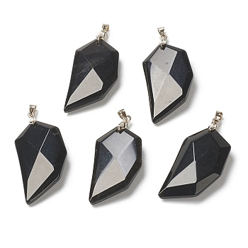 Natural Black Agate Pendants, Lover Half Heart Stone Faceted Charms with Platinum Brass Snap on Bails, Dyed & Heated, 39x21x8.5mm, Hole: 4x3.5mm