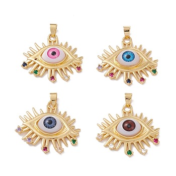 Brass Micro Pave Colorful Cubic Zirconia Pendants, with Resin Eye Cabochons, Long-Lasting Plated, Eye, Real 18K Gold Plated, Mixed Color, 31.5x34x7mm, Hole: 6x3.5mm