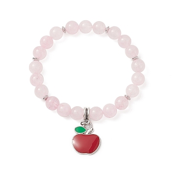 Natural Rose Quartz Beaded Stretch Bracelets, Alloy Enamel Apple Pendant Bracelet for Women, Teacher's Day Theme, Pink, Inner Diameter: 2-1/8 inch(5.4cm)