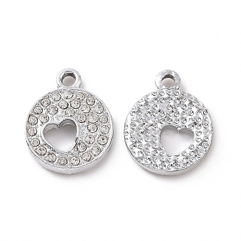 Alloy Rhinestone Pendants,  Platinum Tone Flat Round with Hollow Out Heart Charms, Crystal, 18x14x3mm, Hole: 2mm