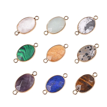 9Pcs 9 Styles Gemstone Links Connectors, with Light Gold Tone Brass Findings, Oval, 27.5x14.5x6mm, Hole: 2mm, 1pc/style