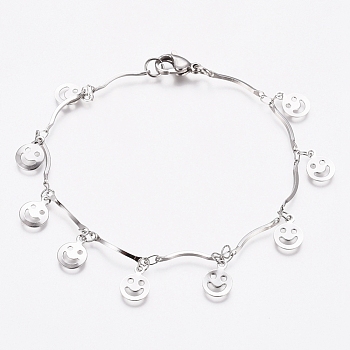 304 Stainless Steel Happy Smile Charm Bracelets, Bar Link Chain Bracelets, with Lobster Claw Clasps, Stainless Steel Color, 7-5/8 inch(19.5cm)