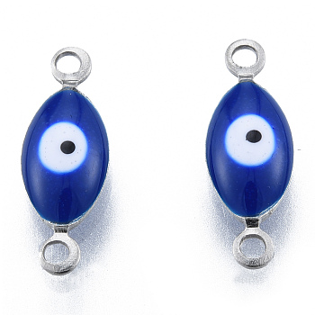 304 Stainless Steel Enamel Connector Charms, Stainless Steel Color, Horse Eye, Dark Blue, 14.5x5x3mm, Hole: 1.2mm