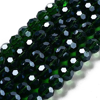 Electroplate Transparent Glass Beads Strands, Faceted, Round, Pearl Luster Plated, Dark Green, 10mm, Hole: 1.2mm, about 65~69pcs/strand, 23.03~24.49 inch(58.5~62.2cm)