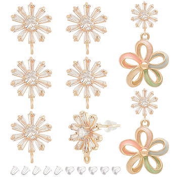 8Pcs Brass Pave Clear Cubic Zirconia Flower Stud Earrings Finding, with 925 Silver Pin and Vertical Loop, with 20Pcs Plastic Ear Nut, Real 18K Gold Plated, 15x12.5mm, Hole: 1.2mm, Pin: 0.6mm