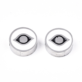 304 Stainless Steel Beads, Laser Cut, with Enamel, White, Flat Round with Eye, Stainless Steel Color, 9.5x3mm, Hole: 2mm