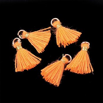 Polycotton(Polyester Cotton) Tassel Pendant Decorations, Mini Tassel, with Iron Findings and Metallic Cord, Light Gold, Dark Orange, 10~15x2~3mm, Hole: 1.5mm