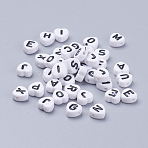 Acrylic Horizontal Hole Letter Beads, Heart with Letter, White, 7x7x4mm, Hole: 1mm(X-MACR-PB37C9679-2)