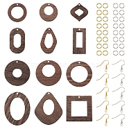 Pandahall DIY Geometry Earring Making Kit, Including Ring & Square & Donut & Teardrop Natural Wenge Wood Pendants, Brass Earring Hooks, Coconut Brown, 144Pcs/box(DIY-TA0005-31)