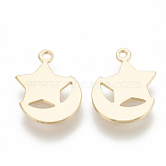 Brass Charms, Moon & Star, Real 18K Gold Plated, 12x10x1mm, Hole: 1mm(X-KK-Q750-058G)