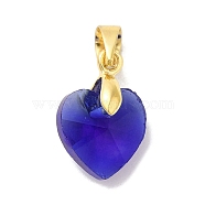 Brass Glass Pendants, Heart, Real 18K Gold Plated, Medium Blue, 15x10x6.5mm, Hole: 5x4mm(KK-Z073-14G-02)