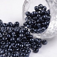 6/0 Glass Seed Beads, Metallic Colours, Round, Round Hole, Black, 6/0, 4mm, Hole: 1mm, about 500pcs/50g, 50g/bag, 18bags/2pounds(SEED-US0003-4mm-606)