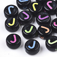 Opaque Black Acrylic Beads, Horizontal Hole, Flat Round with Mixed Color Letter, Letter.J, 7x4mm, Hole: 1.6mm, about 3600pcs/500g(MACR-N008-17J)