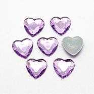 Acrylic Rhinestone Flat Back Cabochons, Faceted, Bottom Silver Plated, Heart, Medium Purple, 12x12x3mm(GACR-Q009-12x12-13)