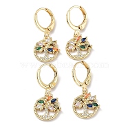 Real 18K Gold Plated Brass Dangle Leverback Earrings, with Cubic Zirconia and Glass, Tree of Life, Colorful, 27x12mm(EJEW-L269-036G)