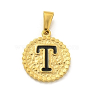 Ion Plating(IP) 304 Stainless Steel Enamel Pendants, Golden, Flat Round with Letter Charm, Letter T, 21x18x2mm, Hole: 8x3.5mm(STAS-R231-19T-G)