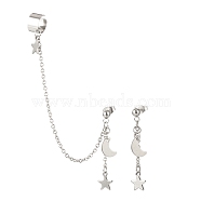 Moon and Star Alloy Asymmetrical Earrings, 304 Stainless Steel Stud Earrings with Dangle Chain Ear Cuff Crawler Climber for Women, Stainless Steel Color, 39~109mm, Pin: 0.2mm, 2Pcs/set(EJEW-JE04888-02)