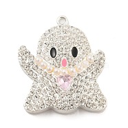 Alloy with Glass Rhinestone Pendants, with ABS Pearl,  Halloween Theme, Ghost, Platinum, 41x35.5x8mm, Hole: 2mm(FIND-B033-01G-P)