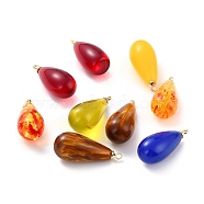 Resin Pendants, Mixed Style, with Golden Tone Alloy Findings, Teardrop, Mixed Color, 24x10mm, Hole: 1mm(PALLOY-C157-05)