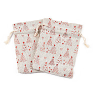 Christmas Theme Cotton Fabric Cloth Bag, Drawstring Bags, for Christmas Party Snack Gift Ornaments, Christmas Tree Pattern, 14x10cm(ABAG-H104-B02)