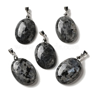 Natural Larvikite Pendants, Oval Charms with Rack Plating Platinum Plated Brass Snap on Bails, 30x21.5~22x6~6.5mm, Hole: 6x4mm(G-Z055-03P-14)