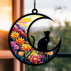 Moon with Cat Window Suncatchers, Wall Art Window Hanging Memorial Pendant Decoration, Cat Shape, 100mm(PW-WG7D0D8-06)