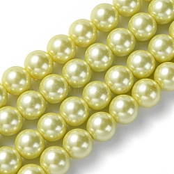 Eco-Friendly Glass Pearl Beads Strands, Grade A, Round, Dyed, Cotton Cord Threaded, Pale Goldenrod, 14mm, Hole: 1.2~1.5mm, about 30pcs/strand, 15.7 inch(HY-A008-14mm-RB012)