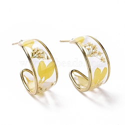 Epoxy Resin Flower with Leaf Stud Earrings, Golden Brass Half Hoop Earrings for Women, Yellow, 21x10x22mm, Pin: 0.7mm(EJEW-E276-01G)