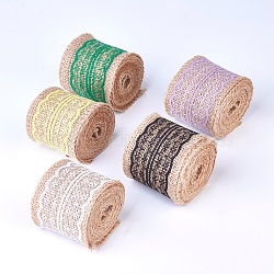 Burlap Ribbon, Hessian Ribbon, Jute Ribbon, with Lace, for Jewelry Making, Mixed Color, 2-1/8 inch(55mm), about 2m/roll(OCOR-WH0006-01)
