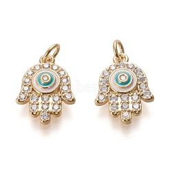 Brass Micro Pave Clear Cubic Zirconia Pendants, with Enamel and Jump Rings, Long-Lasting Plated, Hamsa Hand, Real 18K Gold Plated, 17.3x12.6x3.3mm, Jump Ring: 5x0.8mm, 3.4mm Inner Diameter(ZIRC-L098-002G)