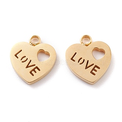 Ion Plating(IP) 304 Stainless Steel Charms, Laser Cut, Heart with Word Love, for Valentine's Day, Golden, 12.5x11x1.5mm, Hole: 1.8mm(STAS-Y002-01G)