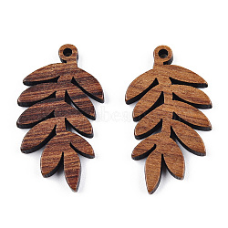 Natural Walnut Wood Pendants, Undyed, Leaf Charm, Camel, 30.5x17x2.5mm, Hole: 1.6mm(X-WOOD-T023-15)