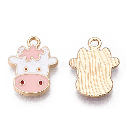 Light Gold Plated Alloy Pendants, with Enamel, Dairy Cow, Pink, 19x14x2mm, Hole: 2mm(ENAM-T009-20C)