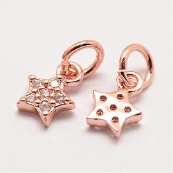 Brass Micro Pave Grade AAA Cubic Zirconia Charms, Long-Lasting Plated, Star, Cadmium Free & Nickel Free & Lead Free, Real Rose Gold Plated, 8x5x2mm, Hole: 3mm(ZIRC-G090-17RG-NR)