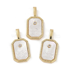 Rack Plating Brass Micro Pave Cubic Zirconia Pendants, with Shell, Long-Lasting Plated, Lead Free & Cadmium Free, Real 18K Gold Plated, Sheild with Twelve Constellations, Aquarius, 20.5x10x2.5mm, Hole: 4.5x2mm(KK-U032-90G-04)