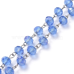 Handmade Electroplate Glass Beaded Chains, with Platinum Plated Iron Eye Pin, Unwelded, Cornflower Blue, 39.37 inch(100cm), Beads: 8x6mm(AJEW-JB00529-10)