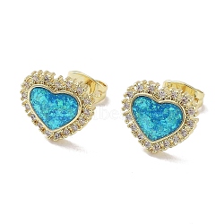 Real 18K Gold Plated Brass Micro Pave Cubic Zirconia Stud Earrings, Synthetic Opal Earrings, Cadmium Free & Lead Free, Long-Lasting Plated, Heart, 10.5x12mm(EJEW-C069-01C-G)