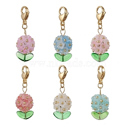 Hydrangea Acrylic & Glass Seed Beads Pendant Decorations, with Alloy Lobster Claw Clasps, Mixed Color, 43.5mm(HJEW-MZ00217)