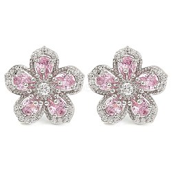 Cubic Zirconia Flower Stud Earrings, Rack Plating Brass Jewelry for Women, Platinum, Pink, 19x19.5mm(EJEW-I304-16P-02)