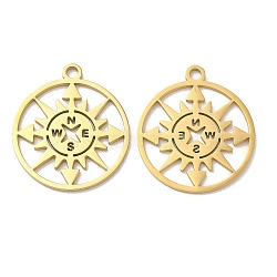 Ion Plating(IP) 304 Stainless Steel Pendants, Flat Round with Compass Charm, Real 18K Gold Plated, 27x24x1mm, Hole: 2.2mm(STAS-L020-009G)