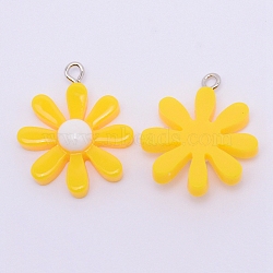 Resin Pendants, with Platinum Plated Iron Loops, Daisy, Yellow, 28x23.5x2mm, Hole: 2mm(X-RESI-WH0009-67A)