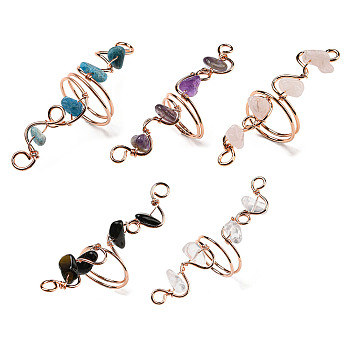 Natural Mixed Gemstone Chips Finger Ring, Rack Plating Rose Gold Brass Wire Wrap Wide Ring, Inner Diameter: 17~19mm