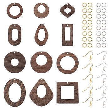 Pandahall DIY Geometry Earring Making Kit, Including Ring & Square & Donut & Teardrop Natural Wenge Wood Pendants, Brass Earring Hooks, Coconut Brown, 144Pcs/box